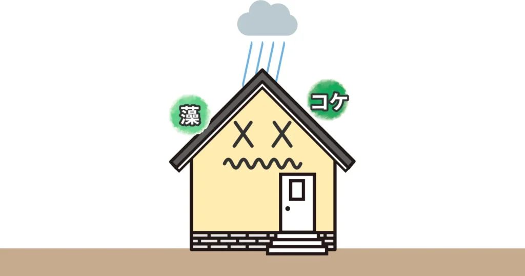雨や水分によって屋根に、コケや藻が発生するイメージ